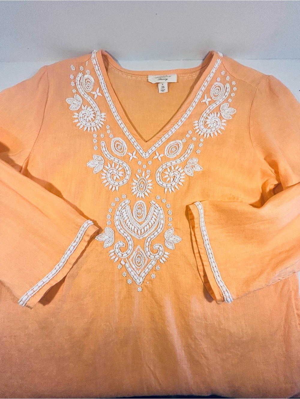 Charter Club Linen Beaded Tunic Top Womens Small Orange Embroidered Boho Resort